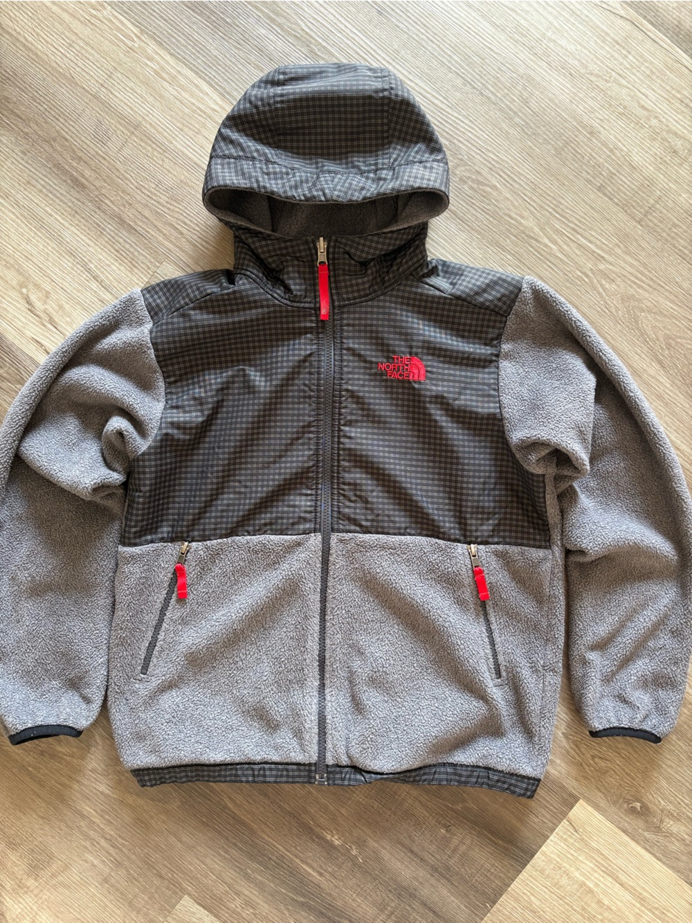 The North Face Boys L 14/16 Polartec Fleece Jacket Hoodie Gray Plaid